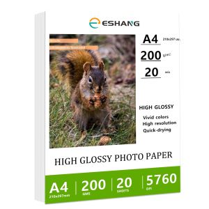 20 แผ่น 200 แกรม 53Ib ขนาด A4 (8.3x11.7 นิ้ว) กระดาษภาพถ่ายมันวาวสูงสำหรับเครื่องพิมพ์อิงค์เจ็ท