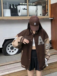 American Retro Street PU Leather Embroider Thick Baseball Uniform Womens Autumn and Winter Brown Easiest for Match Quilted Jacket Outwear