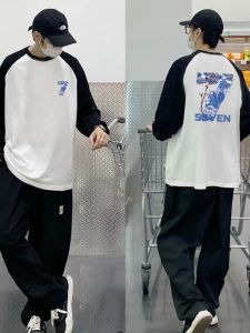 American New Arrival Autumn Black and White Color Matching Raglan Cotton Base Shirt Trendy Loose Inner Wear Long Sleeve T-shirt Tops Ins