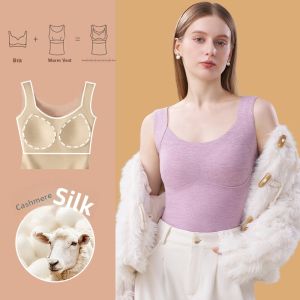 Miiow | Warm Silk Cashmere Vest Womens With Chest Pad Autumn Winter Style Seamless Base Layer Cotton Silk Strap Underwear