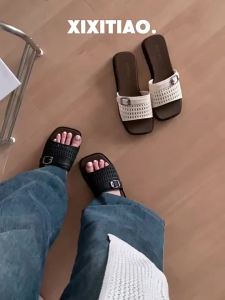 XIXITIAO | Dép Xỏ Ngón Dây Nhỏ Mắt Cài Dệt Không Trượt Đế Dày Cho Mùa Hè Biển