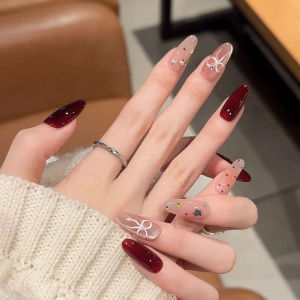 Hand-Painted Butterfly Knot Wearable Nails Christmas New Year Red Nail Art Autumn Winter High-End Feeling Suitable for Pregnant Women