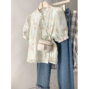 Chic Chinese Style Floral Print Shirts Beautiful Fashionable Summer Top Small Shirt Elegant Chiffon Blouse for Women