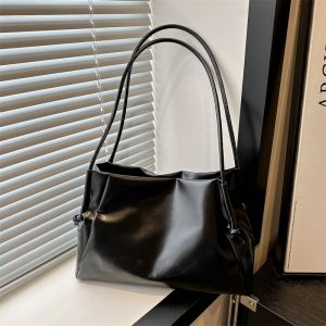 กระเป๋าถือหนัง PU ความจุขนาดใหญ่ กระเป๋าสะพายไหล่ข้างเดียวสีพื้น กระเป๋าถือสไตล์ Tote สำหรับเดินทางในชีวิตประจำวัน