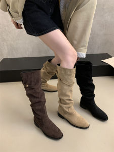 Giày Bốt Cao Gót Đế Dày Đế Cao Nhung Màu Kaki Cho Nữ Giày Bốt Thời Trang Mùa Thu Đông Giày Bốt Cao Đến Đầu Gối