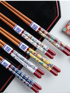 Natural Wood Carved Printed Chopsticks Traditional Japanese Style Sharp Tip Anti-Slip Kitchen Dining Table Utensils Handmade