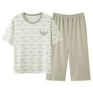 Miiow | Pure Cotton Womens Sleepwear Short Sleeve Casual Home Clothes Set Striped Pattern Comfortable Breathable Summer Outfit