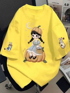 Halloween Limited Edition Embroidered Pumpkin Girl Short Sleeve T Shirt Yellow Summer Loose Cute Girl Trendy Cotton Casual Wear