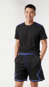 Jersey Short for Men Black with Purple Accents Quick-drying Polyester Fabric Elastic Waistband with Drawstring Side Slits for Sports and Everyday Wear