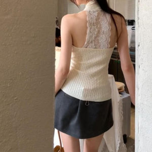 YUEZHONGWEI | Áo vest ren cổ chữ V kiểu Pháp cho nữ mùa hè Áo khoác ngoài ôm vừa vặn Áo ngắn gợi cảm dây đeo áo dài tay màu trơn