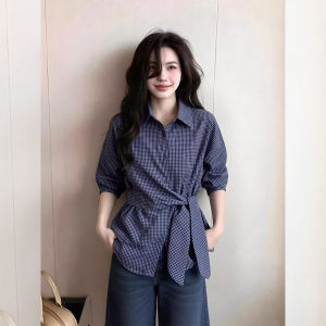 ZHILU | Plaid Belted Collared Waist-cinching Versatile Shirt