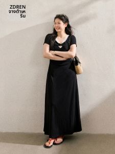 ZHANGDAREN | Đầm Ôm Body Cổ V Có Viền Ren