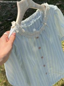 WANGGONGZHU | French Design Romantic Patchwork Stripe Shirt Women Summer New Fashion Short Sleeve Top Lace Trim Bubble Sleeve Loose Fit