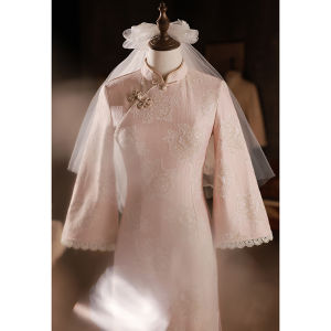 Elegant Pink Long Sleeve Qipao Womens New Style Chinese Traditional Dress Spring Summer Vintage Midi Dress Slant Collar