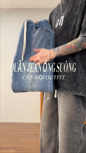 Quần jean quần bò nam nữ cạp chun phối line SUN 03 MÀU XANH form ống rộng phối đồ theo phong cách hàn quốc
