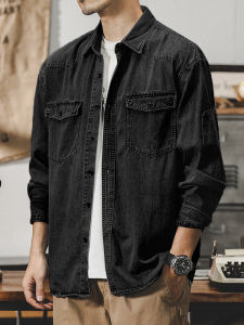 Loose Fit Long Sleeve American Denim Shirt for Men Casual Classic Collar Workwear Jacket Autumn Spring Fashion Outerwear