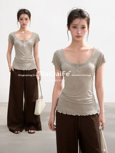 BAIDAIFEI | U-Neck Lace Trimmed Short Sleeve T-Shirt 2026 New Summer