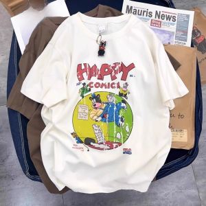 เสื้อยืดแขนสั้นพิมพ์ลายการ์ตูนสไตล์ญี่ปุ่นย้อนยุคสำหรับผู้หญิงในช่วงฤดูร้อน ทรงหลวม แขนสั้น ทรงหลวม แขนสั้น แขนครึ่งตัว แฟชั่นสตรีท