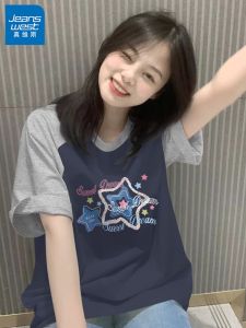 Jeanswest Pure Cotton Short Sleeve T-Shirt Womens Loose Casual Top Summer New Style Street Style Print Creative Pattern