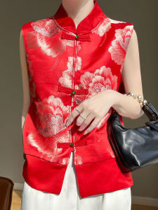 Elegant Chinese Style Embroidered Silk Vest Womens Long Sleeve Stand Collar Buttonless Open Cardigan Satin Trim Fashionable