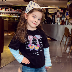 Girls Cartoon Printed T-shirt Base Layer Top Korean Style Loose Fit Long Sleeve round Neck Autumn Fashion Childrens Casual Wear