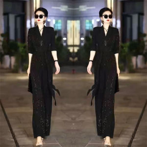 ชุดจั๊มสูทผู้หญิงแบบยอดนิยมหรูหราเบาๆชุดจั๊มสูทจั๊มสูทผูกสายรัดเอวเข้ารูปแฟชั่นใส่แล้วดูผอมเพรียวแบบใหม่ฤดูใบไม้ร่วงปี2023