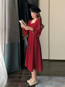 Red Square Collar Long Dress Womens Spring Autumn 2025 New French Style Wedding Unique Beautiful A-Line Skirt Commute