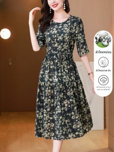 ชุดเดรสไหมฮั่นเต๋อซี แขนยาว ทรงหลวม ผ้าไหมลายดอกไม้ ฤดูร้อน 2024 ชุดเดรสไหมคอตั้งเอว แขนยาว กระโปรงทรงเอ