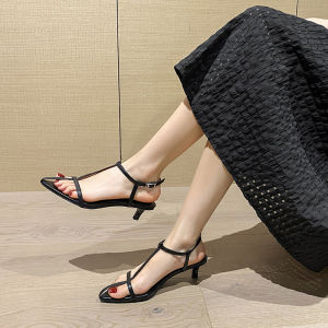 รองเท้าแตะส้นสูงแบบมีสายรัดข้อเท้าสไตล์เกาหลี ส้นบาง หนังแท้ ทรงหัวแหลม รองเท้าส้นเตี้ย รองเท้าส้นสูงแบบหัวแหลมสำหรับผู้หญิง