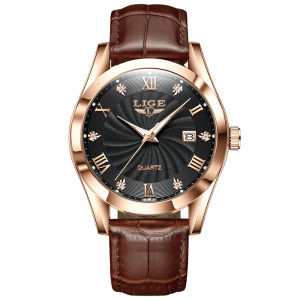 LIGE 2024 Original Quartz Watch Men Top Casual Leather Watch Calendar Week Waterproof Luminous + Box