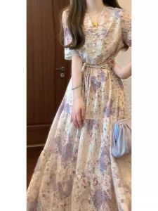 French Vintage Unique Beautiful V-neck Tea Break Long Dress Gentle Style Super Good-looking Waist-cinching Dress Summer
