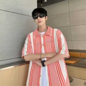 American Retro Contrast Color Short-Sleeved Shirt Mens Summer Thin Fashion Brand Niche Style Couple Loose Casual Sweater Outwear