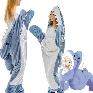 Shark Blanket Adult Cartoon Sleeping Bag Shark Onesie Sleeping Bag Pajama Hooded Warm Flannel Funny Homewear Winter Warm Blanket