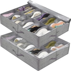 Foldable Under Bed Shoe Storage Organizer Dustproof Non Woven Storage Box with Clear Window Space Saving Shoes Organizer