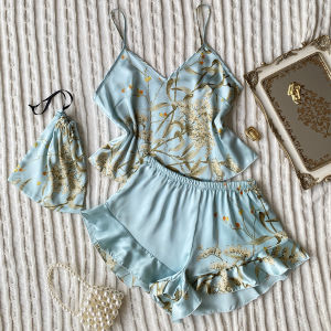 Elegant Floral Print Cami Tops Ruffle Hem Shorts Pajama Set Womens Sleepwear Loungewear