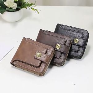 Mens Wallet Fashion High Quality Multi-card Zipper Wallet - กระเป๋าสตางค์สั้นผู้ชายที่ใส่บัตรสามพับ คุณภาพสูงในยุโรปและอเมริกา