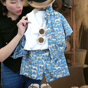 Stylish Korean Version Animal Print Three-Piece Set for Kids Summer New Arrival Fashionable Cartoon Printed Shirt Kids Outfit