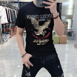 Naimo 2024 Summer New Short-sleeved T-shirt Mens Tide Brand Heavy Industry Hot Drill Personality Round Neck Half-sleeved Slim Handsome All-match Mens T