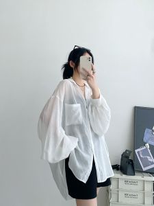 SunYeo Womens Loose Lantern Sleeve Shirt Micro Transparent Casual Outerwear Long Sleeve Polo Collar Pure Color Commute Style
