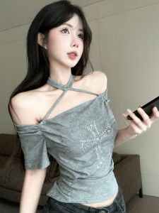 GUZILIAN | Cool Short Sleeve T-Shirt Womens Design Sense Crossbody Hollow Out Shoulder Two-Way Wear Diamond Embellished Slim Fit Top