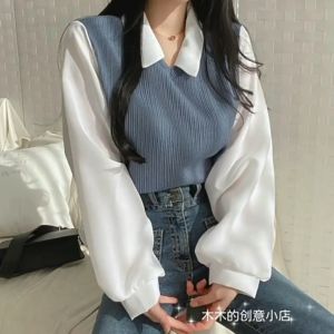 READY STOCK Women Cotton Checkered Knit Vest V-Neck Long Sleeve Style Fashion Knitwear Western Blouse Top T-086