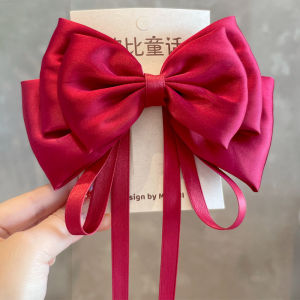 Korean High-End Satin Feeling Large Bow Knot Girls Hair Accessories Hair Clips with Sashes Spring Clamp Red Wine Color
