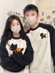 Thickened Pure Cotton Crew Neck Sweatshirt for Couples with Dog Print Patchwork Fleece Autumn Winter Large Size Hoodies