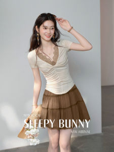 Lace Patchwork Knot V-Neck Colorblock Short Sleeve T-Shirt