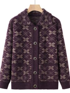 Grandma Spring & Fall Winter Sweater Outwear Middle-Aged and Elderly People Womens Mom Clothing Long Sleeves Lapel Cardigan Gingham Top Clothes