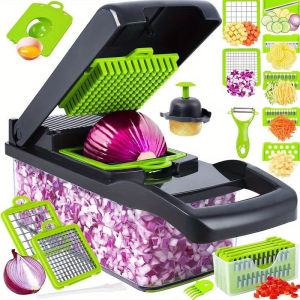 Vegetable Chopper Pro Onion Chopper 14 in 1 Multifunctional Food Chopper Kitchen Vegetable Slicer Dicer CutterVeggie Chopper With 8 BladesCarrot and Garlic With Container (Gray)