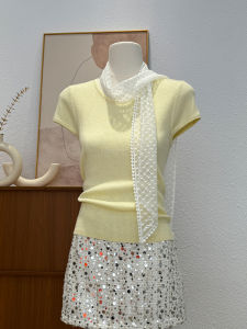 Korean Style Womens Slim Fit Short Sleeve T-Shirt Yellow Summer Fashion Shoulder Width Regular round Neck Top Casual Versatile