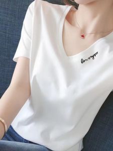 LINGLONGDAI | Áo thun cotton cổ tròn tay ngắn nữ màu trắng mùa hè mới dáng ôm vừa vặn chất liệu cotton pha lanh thường ngày