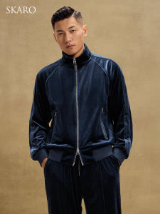 Velvet Autumn Winter Stand Collar Zip Blue Loose Long Sleeve Casual Sporty Jacket
