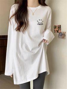 Loose Long Sleeve Cotton T-Shirt Women Spring Autumn Base Layer Shirt Cover Butt Shark Pants Matching Pure Cotton Mid-Length